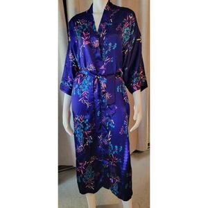 Valerie Stevens Satin Kimono Long Belted Robe Purple Floral Sze M VTG minor flaw